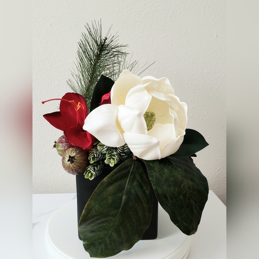 Modern Amarylis and Magnolia Holiday Table Arrangement
